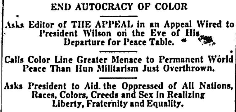 John Q. Adams, “End Autocracy of Color,” The Appeal, 4 January 1919.