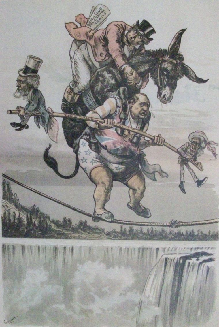 “Cleveland Will Have a Walk-Over.” Republican magazine Judge depicts Grover Cleveland balancing precariously on a fraying rope, holding a balancing pole labeled “Free Trade Policy” and carrying the Democratic Party donkey and John Bull on his back. John Bull’s back pocket is stuffed with “Cobden Club Free Trade Tracts.” Judge, 25 Aug. 1888.